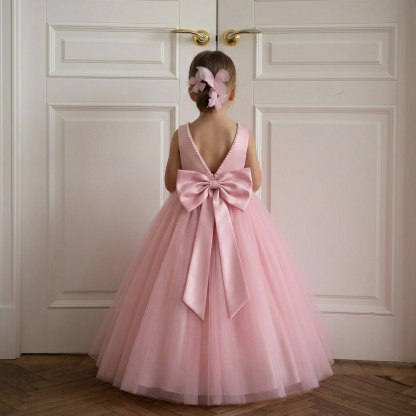 Mesh Bow Sleeveless Midi Dresses - Pink - 13-14Y - image 1