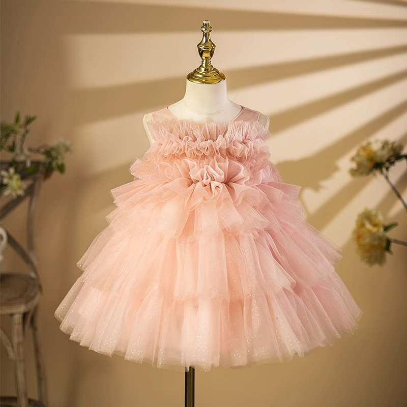 Mesh Folds Sleeveless Midi Dresses - Pink - 10-11Y - image 1