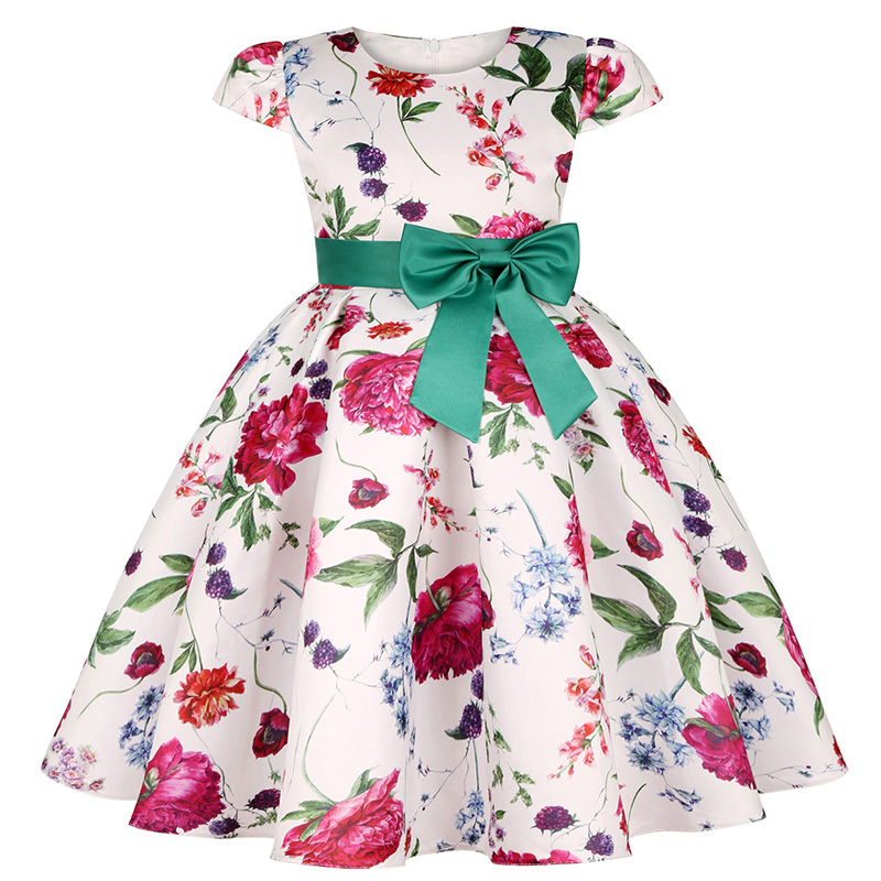 Satin Bow Short Sleeve Midi Dresses - White with Red Floral - 9-10Y - image 1