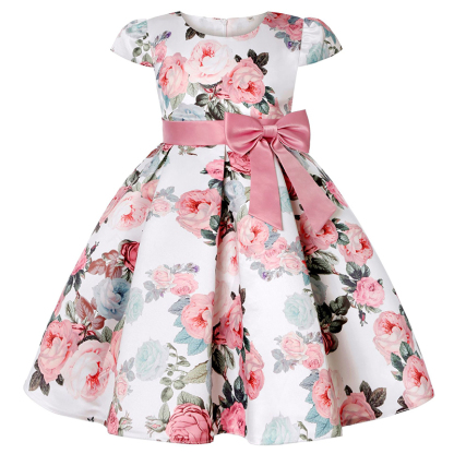 Satin Bow Short Sleeve Midi Dresses - Dark Pink - 9-10Y - image 20