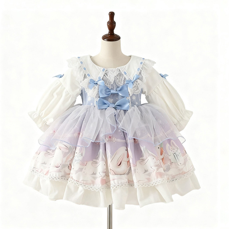 Easter Polyeste Lace Edge Long Sleeve Short Dresses - Light Blue - 7-8Y - image 1