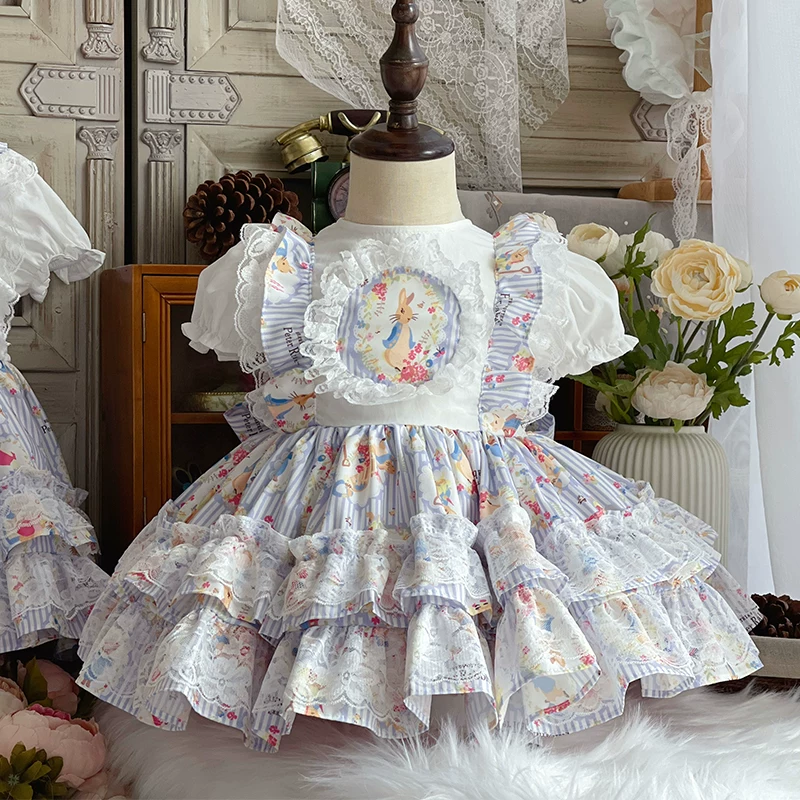 Easter Cotton-Blend Lace Short Sleeve Short Dresses - Light Blue - 7-8Y - image 1