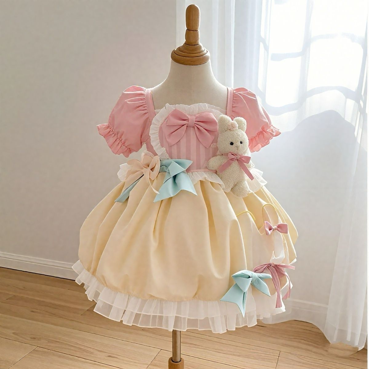 Easter Cotton-Blend Bow Short Sleeve Midi Dresses - Pink and Yellow - 7-9Y - image 1