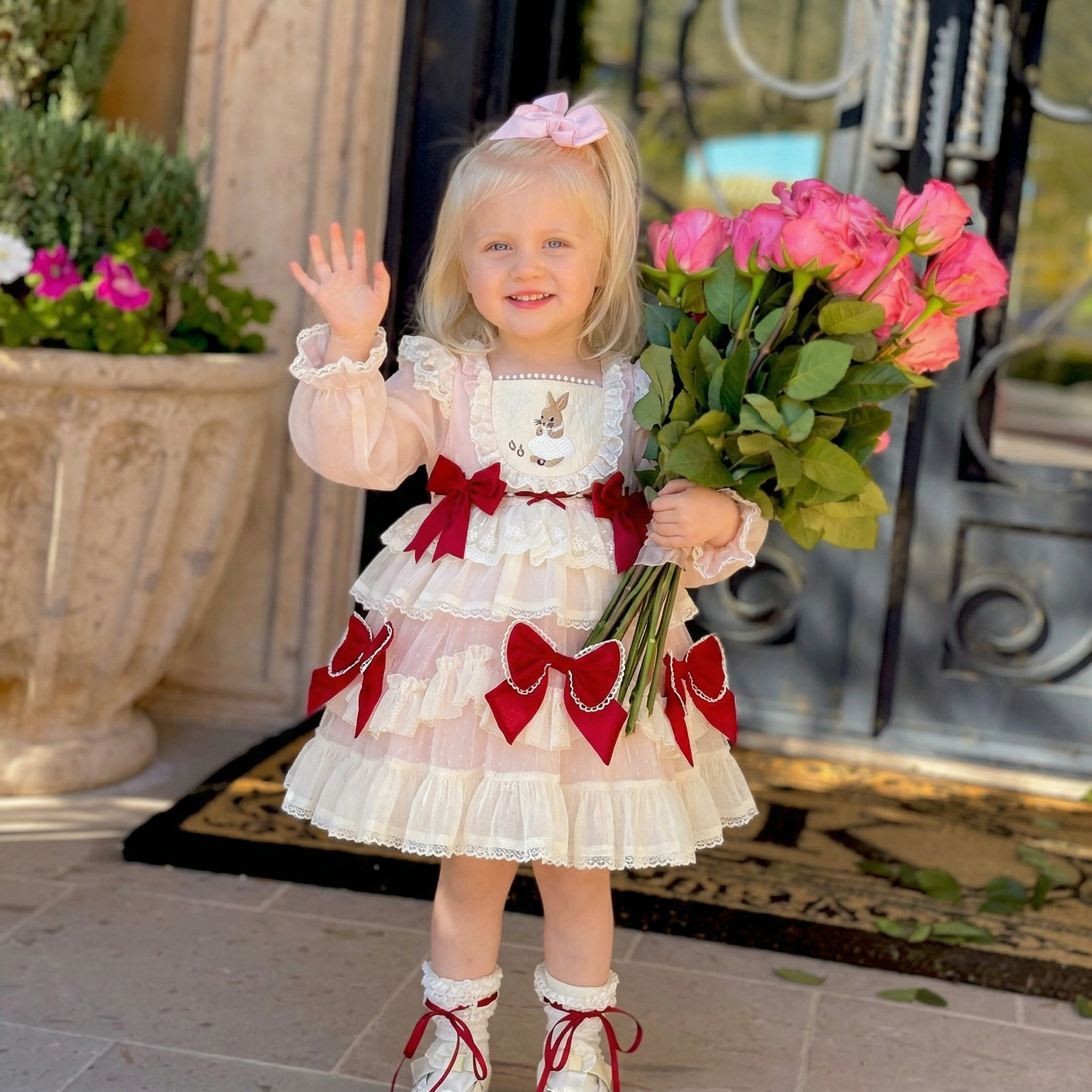 Easter Cotton-Blend Bow Long Sleeve Midi Dresses - image 2