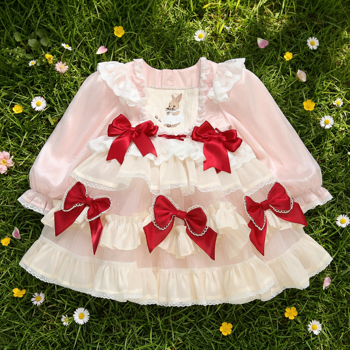 Easter Cotton-Blend Bow Long Sleeve Midi Dresses - Pink - 7-9Y - image 1