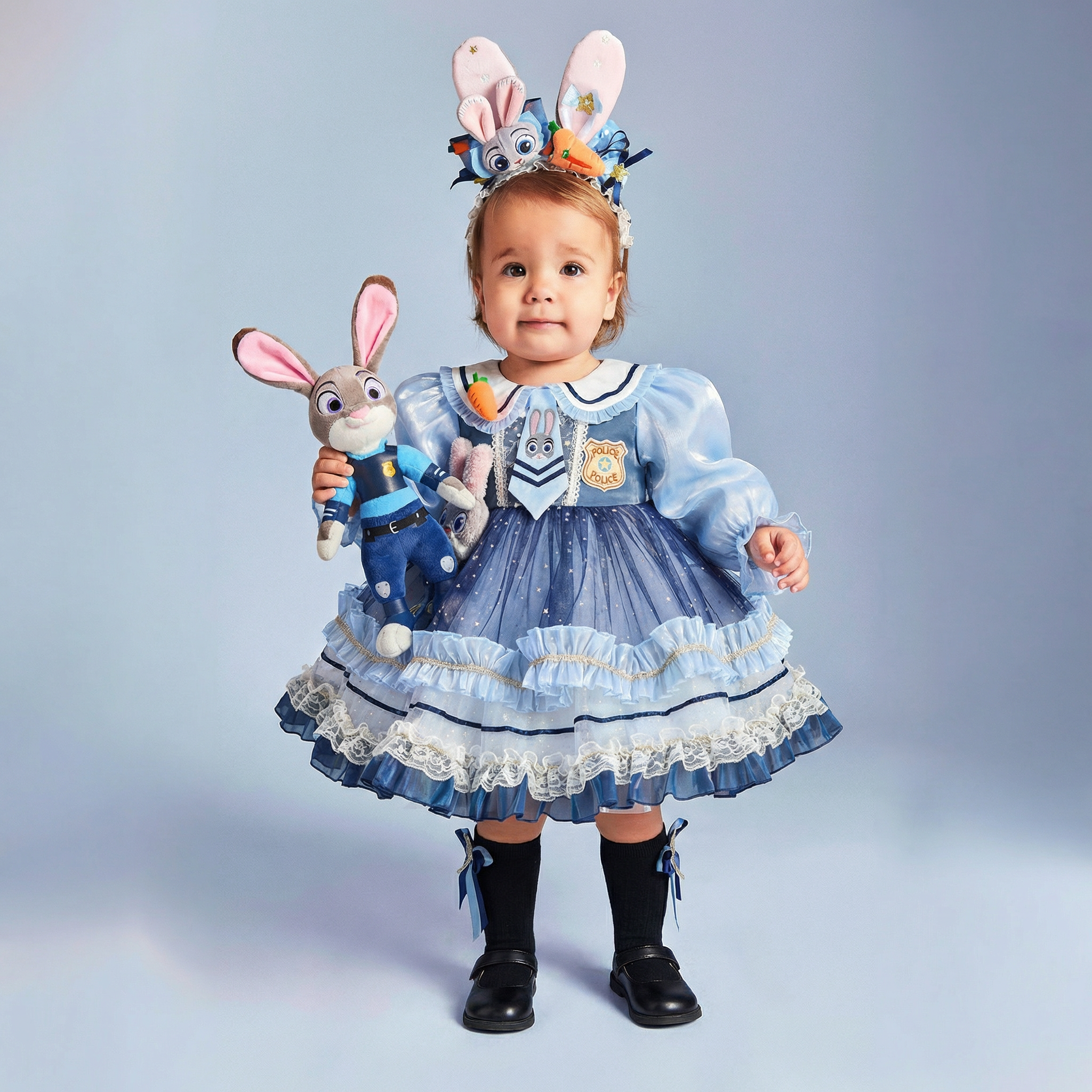 Easter Mesh Bow Long Sleeve Midi Dresses - Blue - 10-11Y - image 1