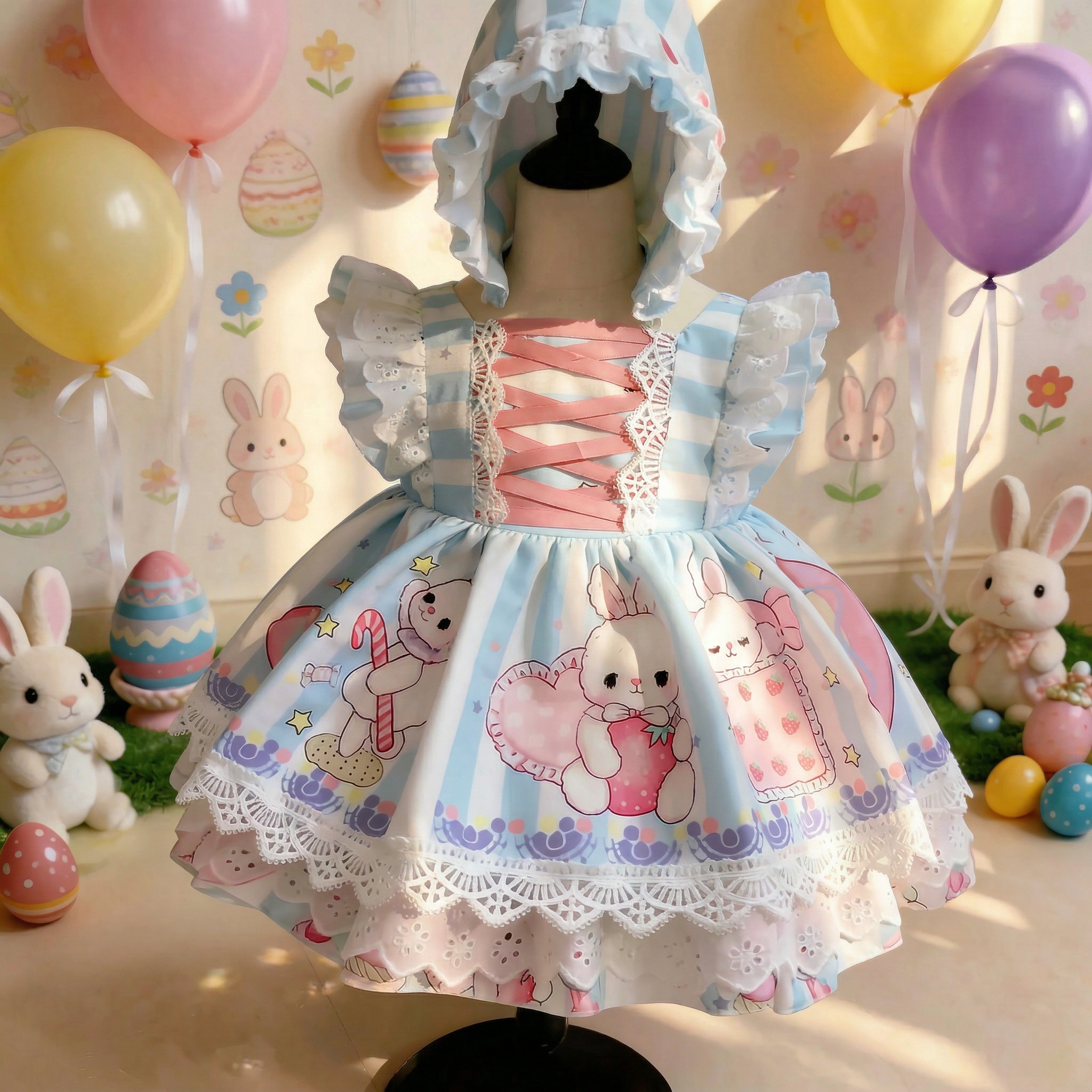 Easter Cotton-Blend Lace Short Sleeve Midi Dresses - Pink and Blue - 7-8Y - image 1