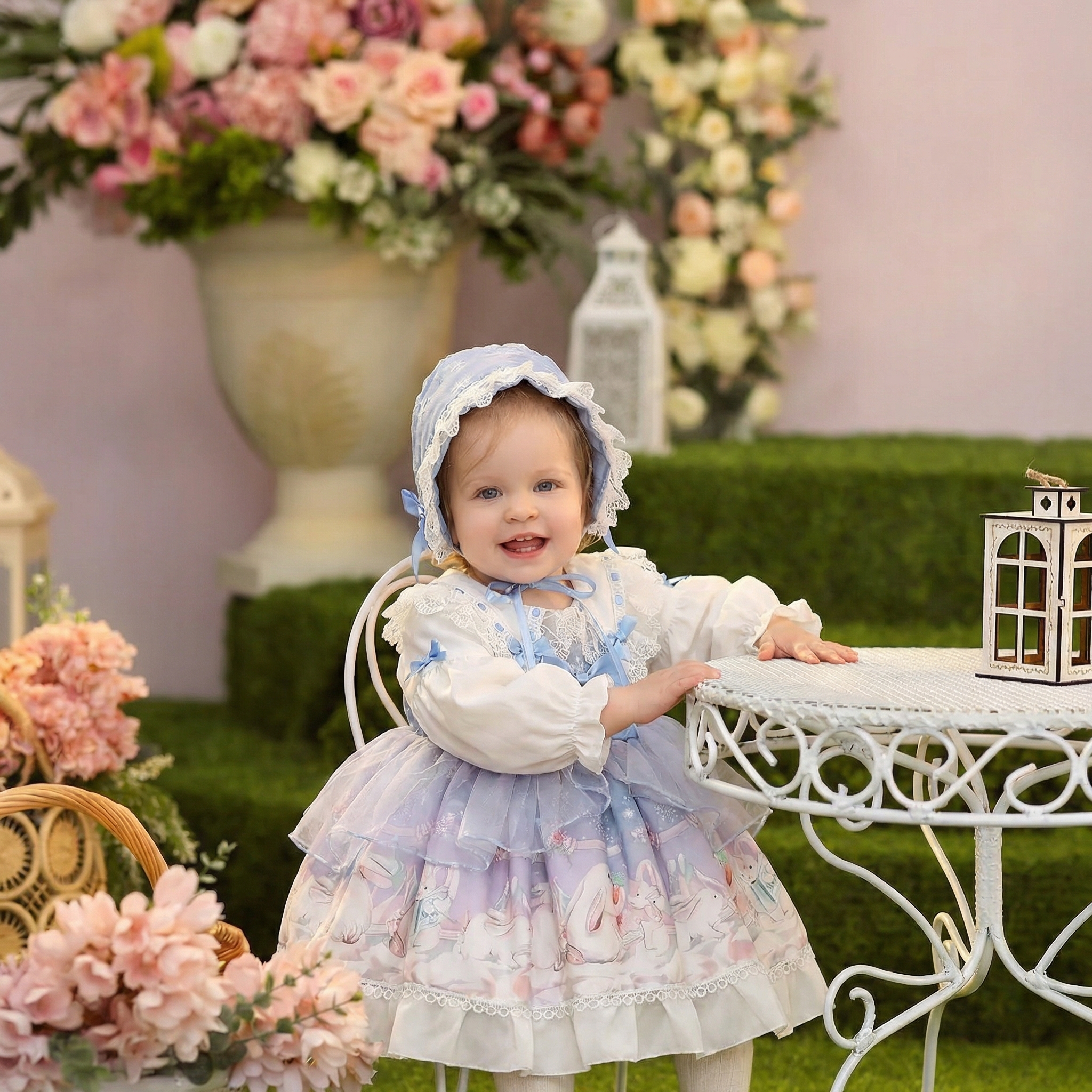 Easter Polyeste Lace Edge Long Sleeve Short Dresses - Light Blue - 7-8Y - image 1