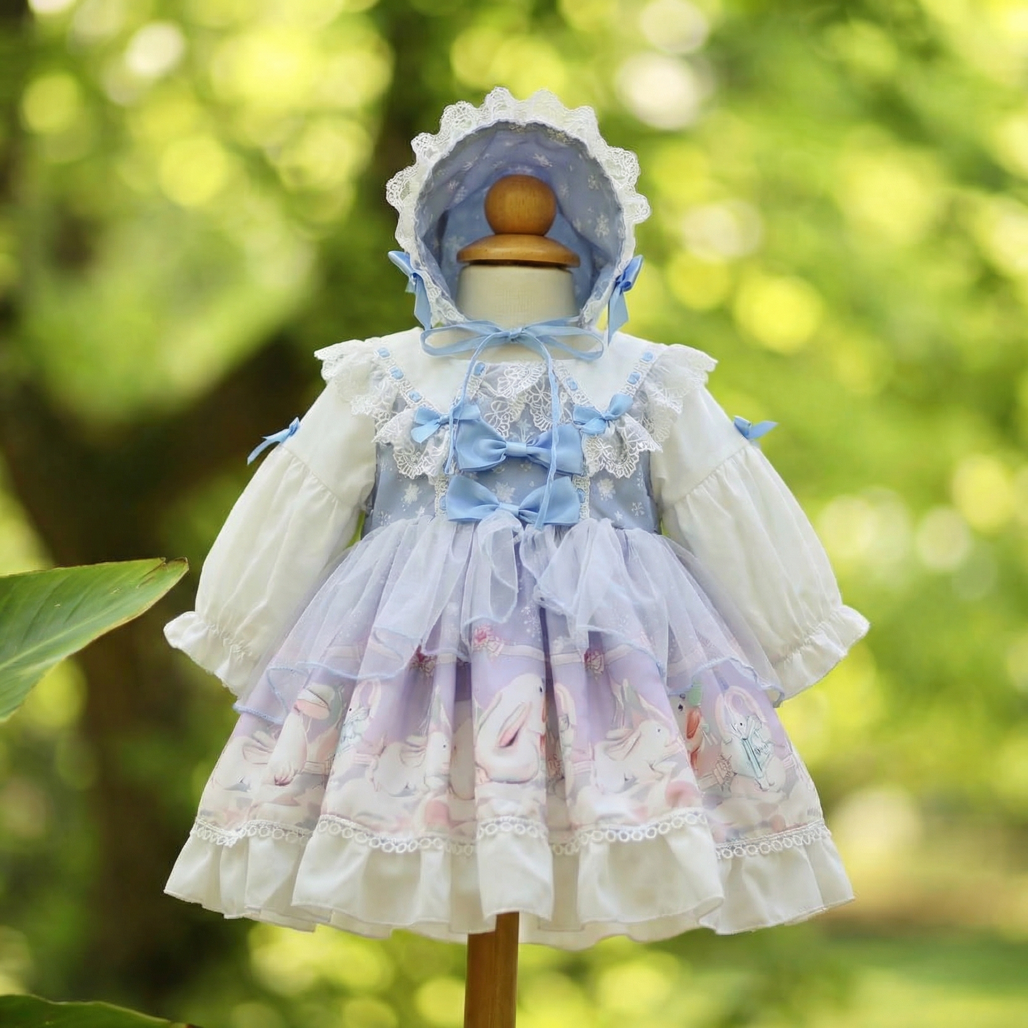 Easter Polyeste Lace Edge Long Sleeve Short Dresses - Light Blue - 7-8Y - image 1