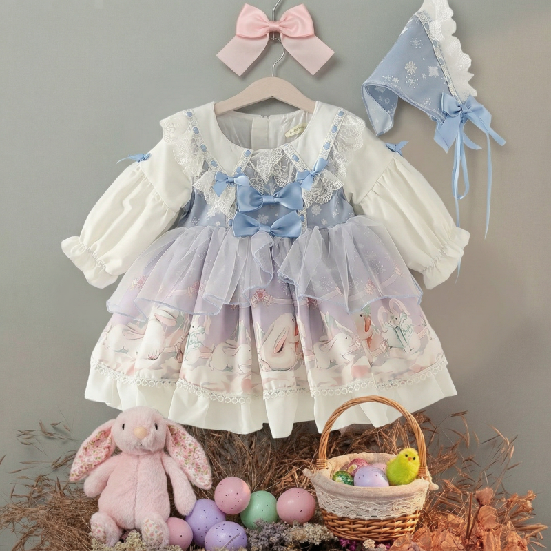 Easter Polyeste Lace Edge Long Sleeve Short Dresses - Light Blue - 5-6Y - image 1