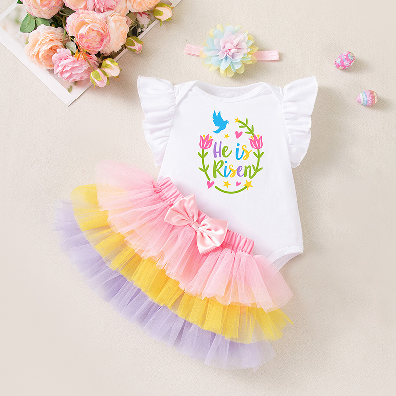 Easter Jersey&Mesh Bow Printing Cap Sleeve Midi Dresses - 3-piece Set - Easter Egg - 12-18M - image 6