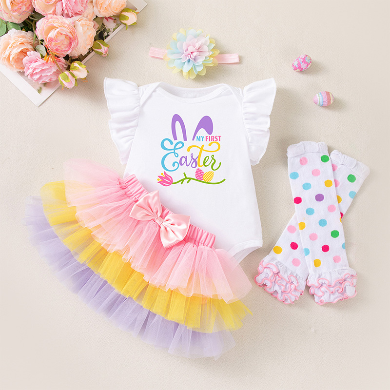 Easter Jersey&Mesh Bow Printing Cap Sleeve Midi Dresses - 4-piece Set - Rabbit - 12-18M - image 7