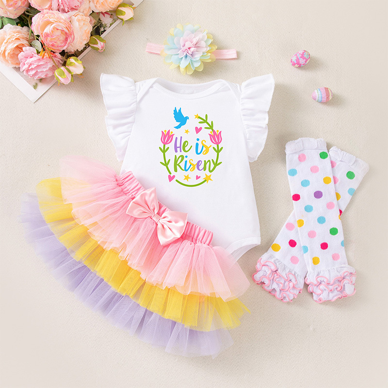 Easter Jersey&Mesh Bow Printing Cap Sleeve Midi Dresses - 4-piece Set - Easter Egg - 12-18M - image 9