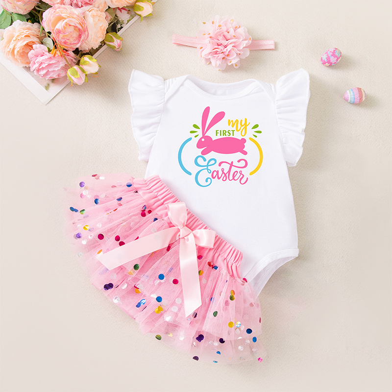 Easter Jersey&Mesh Bow Printing Cap Sleeve Midi Dresses - 3-piece Set - Rabbit - 9-12M - image 1