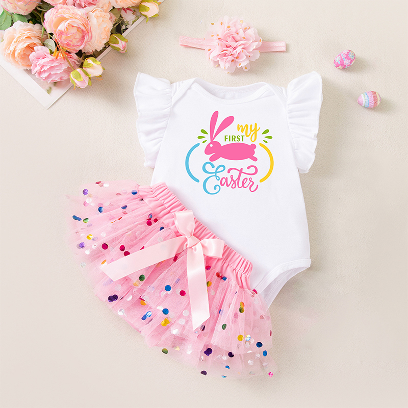 Easter Jersey&Mesh Bow Printing Cap Sleeve Midi Dresses - 3-piece Set - Rabbit - 9-12M - image 1