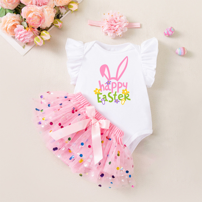 Easter Jersey&Mesh Bow Printing Cap Sleeve Midi Dresses - 3-piece Set - Rabbit Ears - 9-12M - image 2