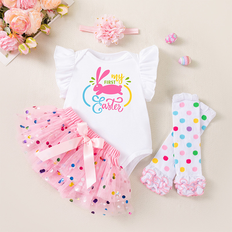 Easter Jersey&Mesh Bow Printing Cap Sleeve Midi Dresses - 4-piece Set - Rabbit - 9-12M - image 3