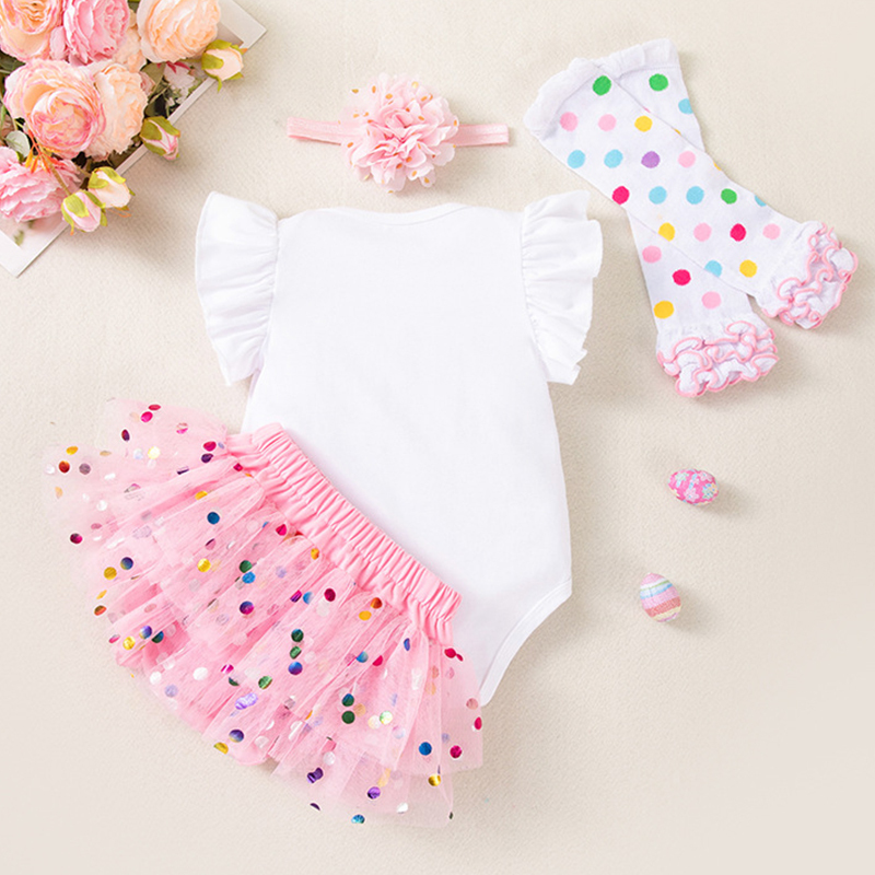 Easter Jersey&Mesh Bow Printing Cap Sleeve Midi Dresses - image 4