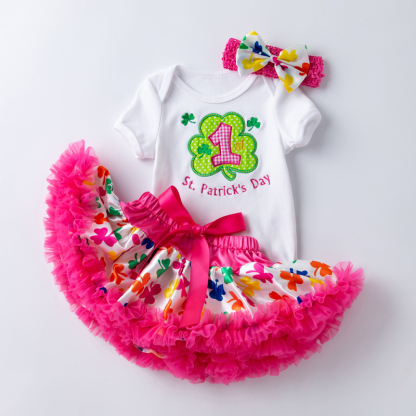 Jersey&Mesh Bow Embroidery Short Sleeve Short 3-piece Set - Rose - 12-24M - image 1