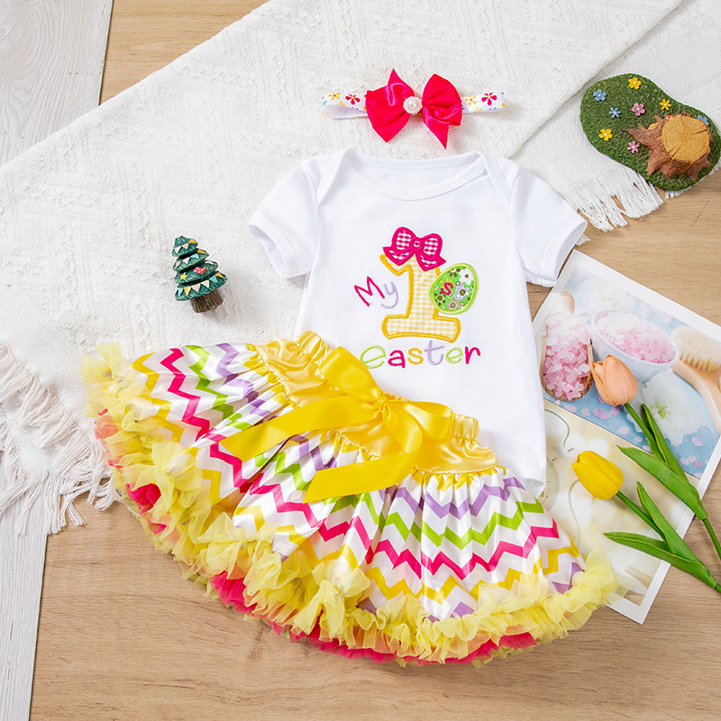 Jersey&Mesh Bow Embroidery Short Sleeve Short 3-piece Set - Yellow - 12-24M - image 2