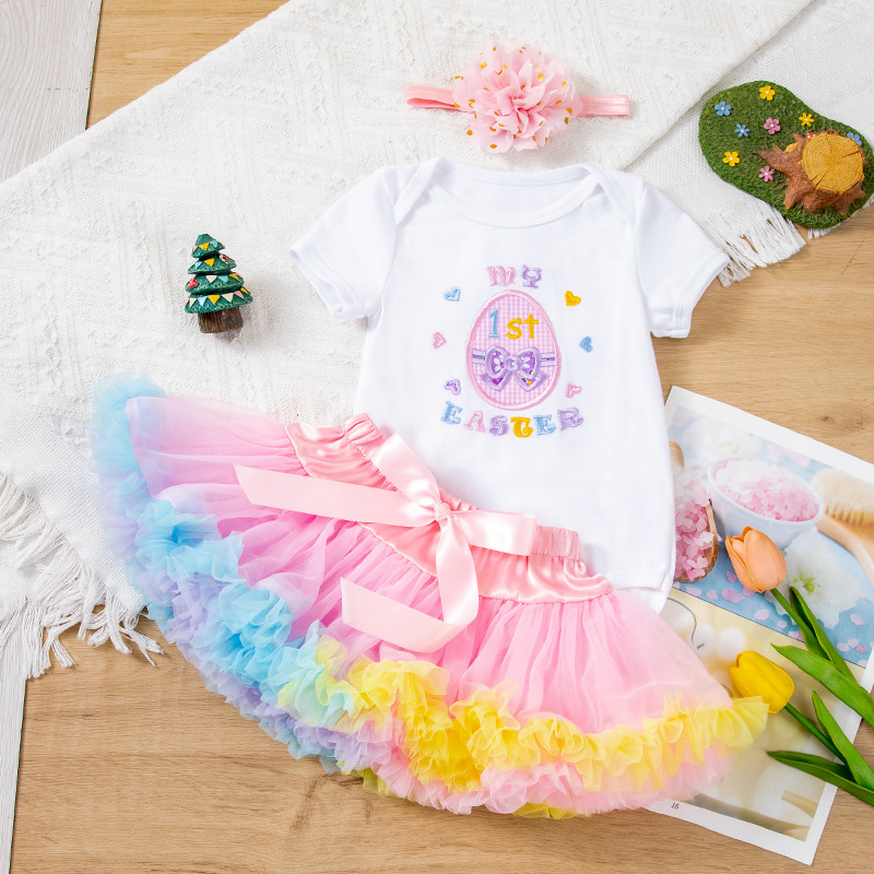Jersey&Mesh Bow Embroidery Short Sleeve Short 3-piece Set - Rainbow - 12-24M - image 9