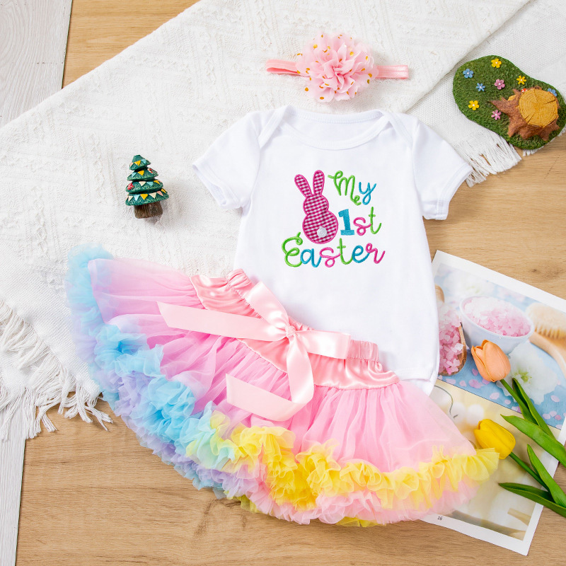 Jersey&Mesh Bow Embroidery Short Sleeve Short 3-piece Set - Pink - 12-24M - image 10