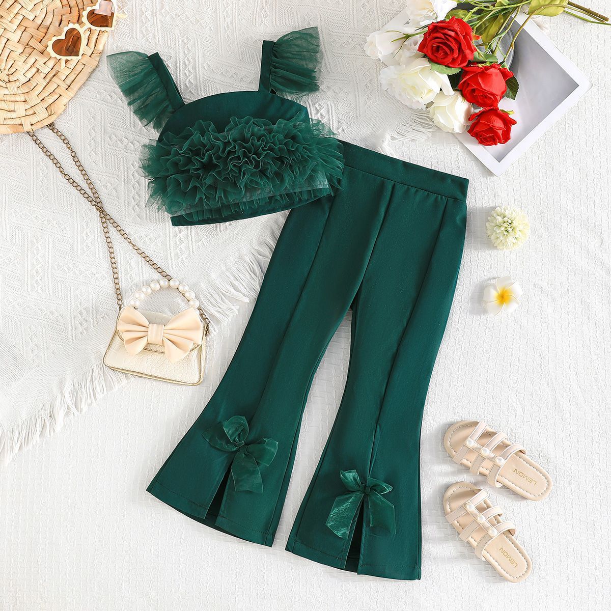 Mesh& Polyester Bow Folds Cap Sleeve Long Two-piece Set - Dark Green - 7Y - image 6