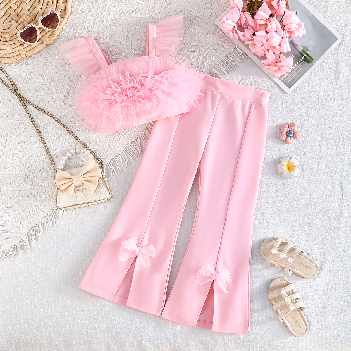 Mesh& Polyester Bow Folds Cap Sleeve Long Two-piece Set - Pink - 7Y - image 1