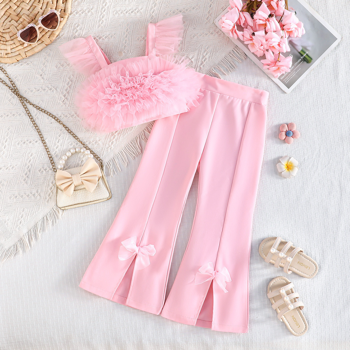 Mesh& Polyester Bow Folds Cap Sleeve Long Two-piece Set - Pink - 7Y - image 1