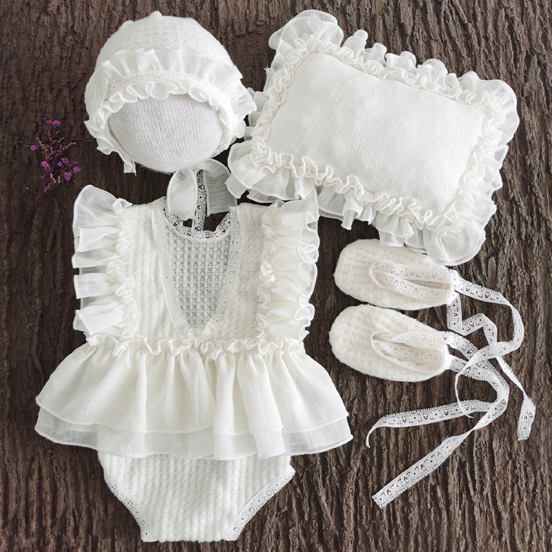 Lace&Organza Lace Cap Sleeve Short 4-piece Set - White - 1-3M - image 3