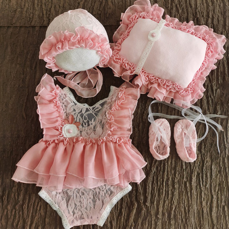 Lace&Organza Lace Cap Sleeve Short 4-piece Set - Pink - 1-3M - image 1