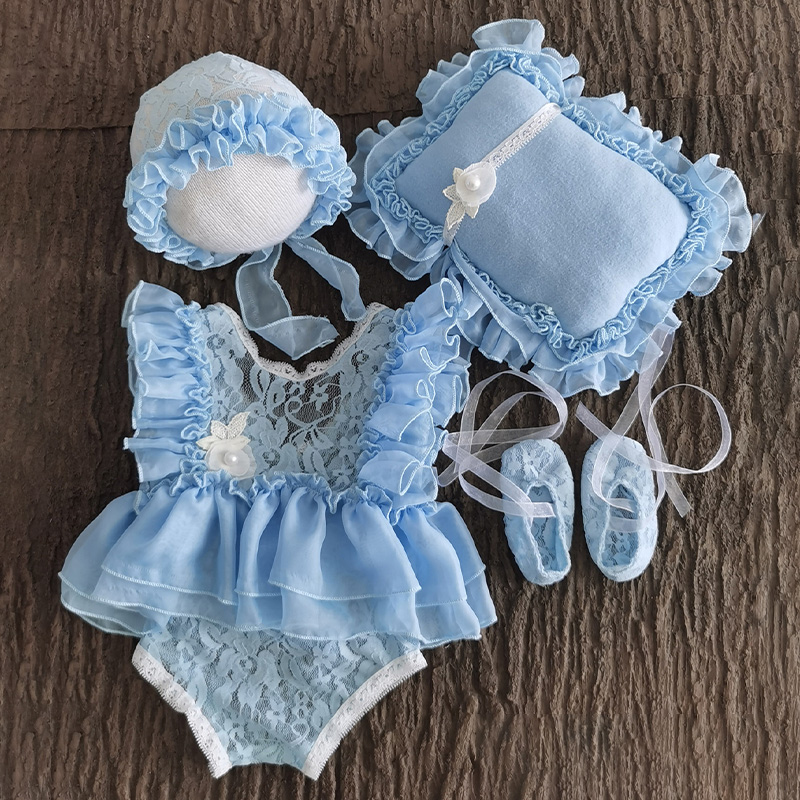Lace&Organza Lace Cap Sleeve Short 4-piece Set - Sky Blue - 1-3M - image 7