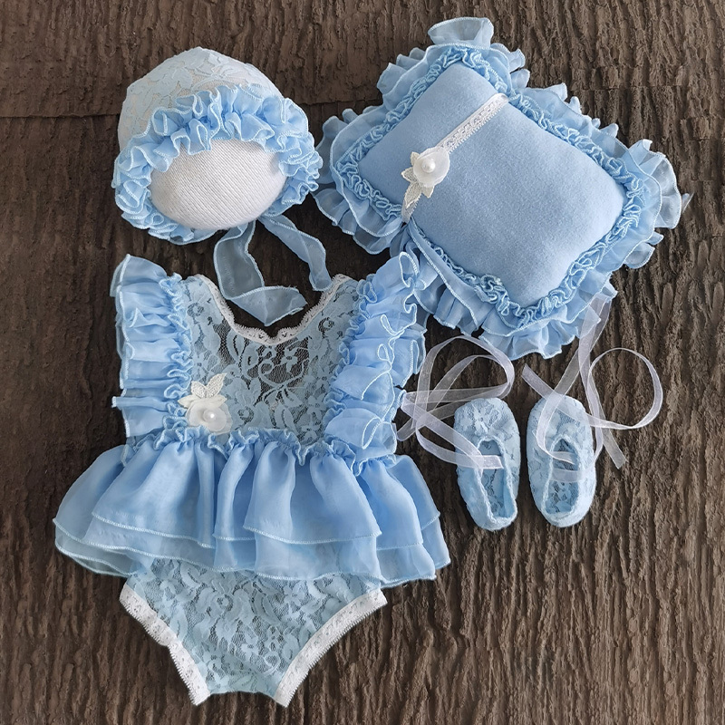 Lace&Organza Lace Cap Sleeve Short 4-piece Set - Sky Blue - 1-3M - image 7