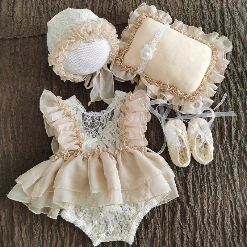 Lace&Organza Lace Cap Sleeve Short 5-piece Set - Champagne - 1-3M - image 9