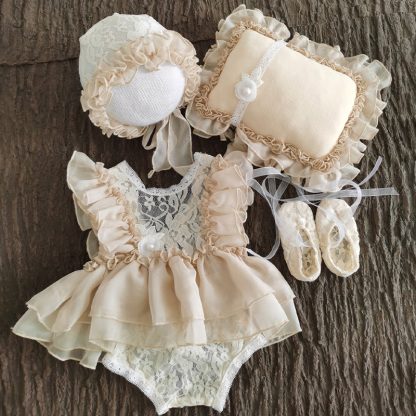 Lace&Organza Lace Cap Sleeve Short 4-piece Set - Champagne - 1-3M - image 9