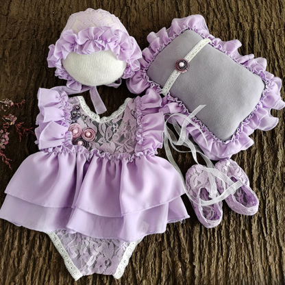 Lace&Organza Lace Cap Sleeve Short 4-piece Set - Purple - 1-3M - image 11