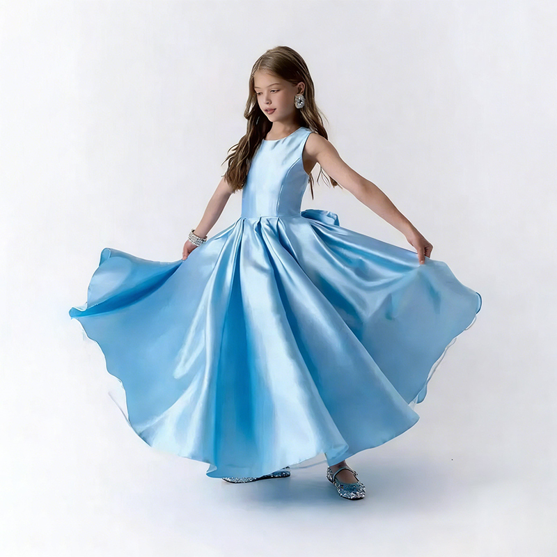 Satin Bow Sleeveless Maxi Dresses - Sky Blue - 14-15Y - image 9