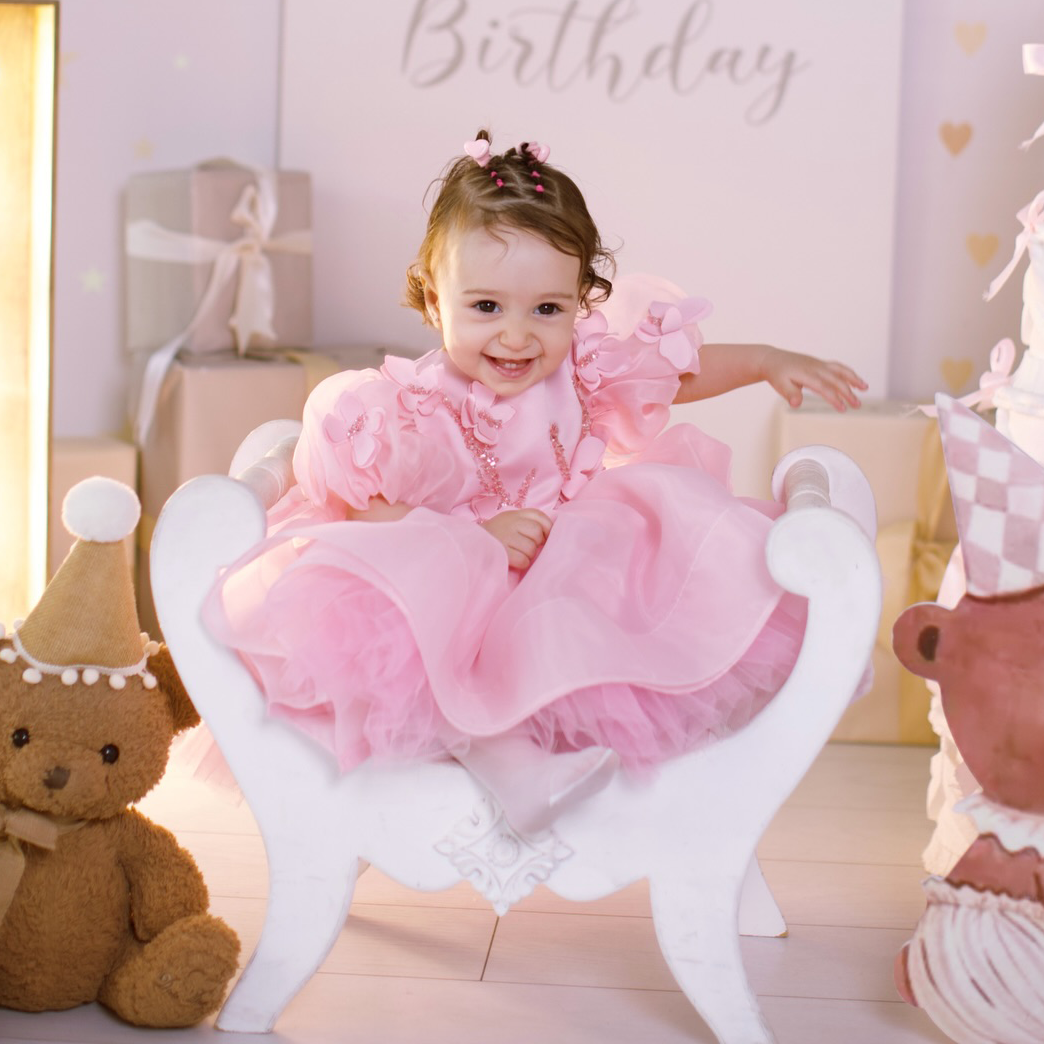 Organza Rosette Butterfly Short Sleeve Midi Dresses - Pink - 4Y - image 1