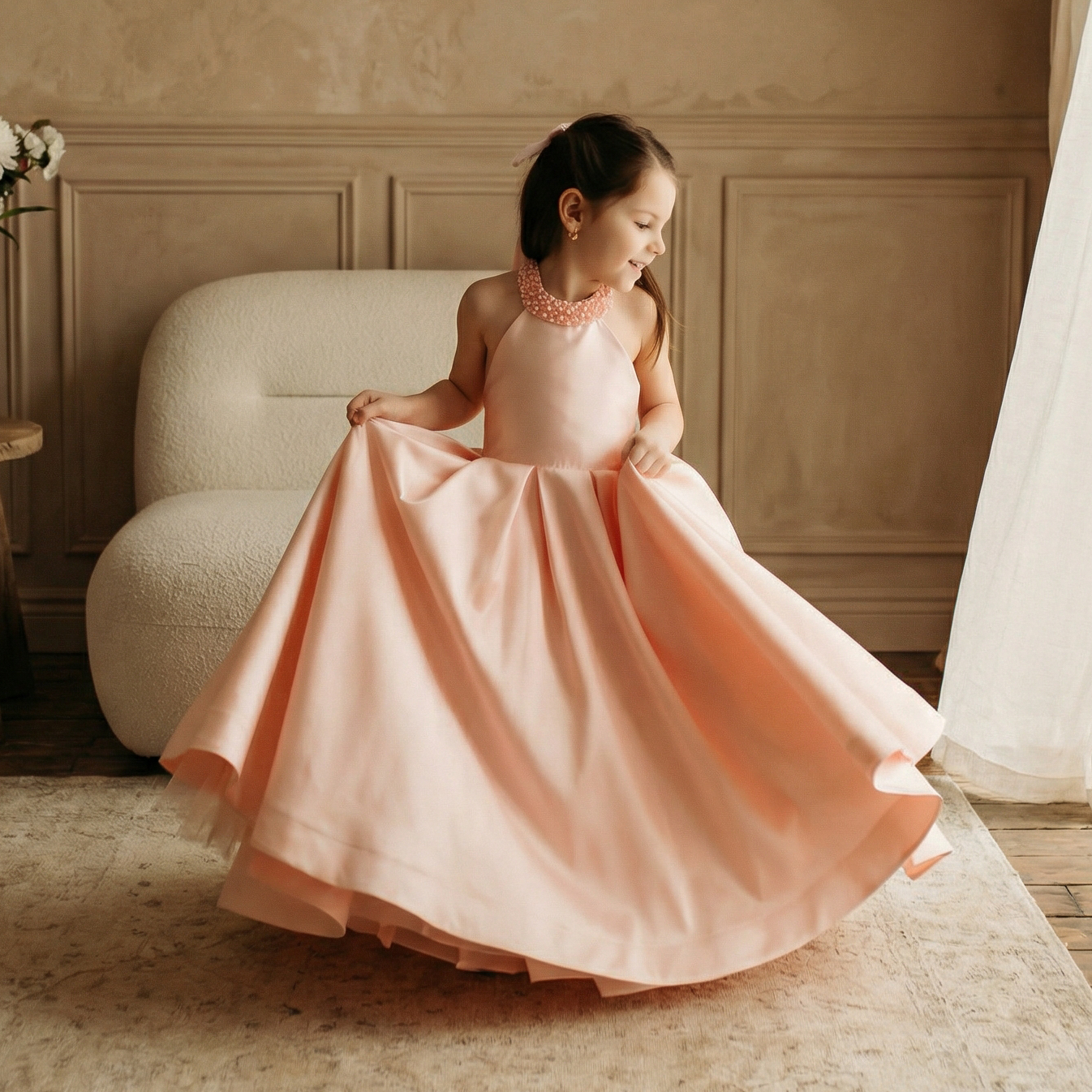 Satin Lace-up Imitation Pearls Sleeveless Maxi Dresses - Pink - 8Y - image 4