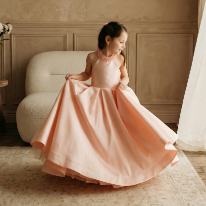 Satin Lace-up Imitation Pearls Sleeveless Maxi Dresses - Pink - 8Y - image 4