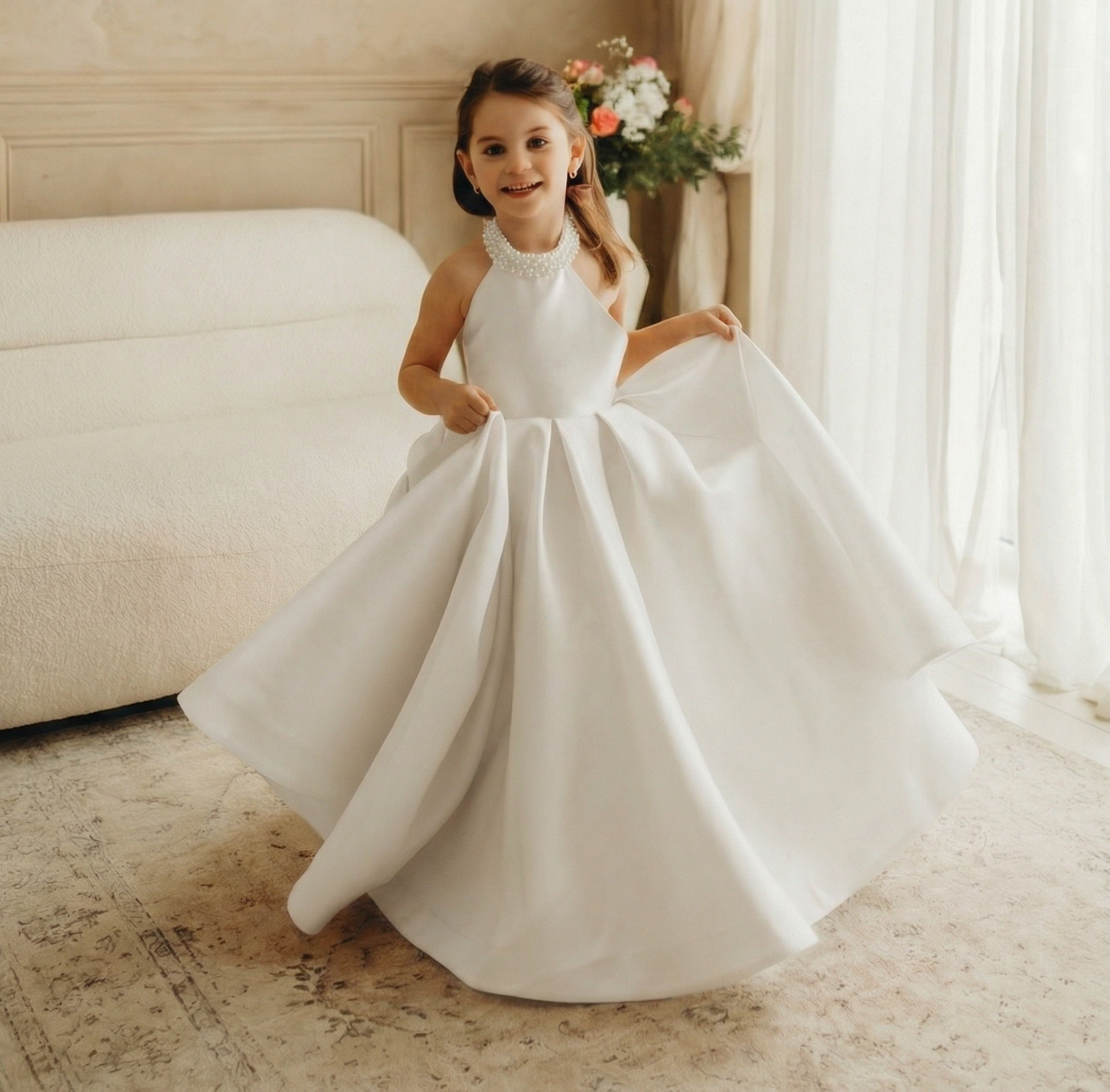 Satin Lace-up Imitation Pearls Sleeveless Maxi Dresses - White - 8Y - image 2