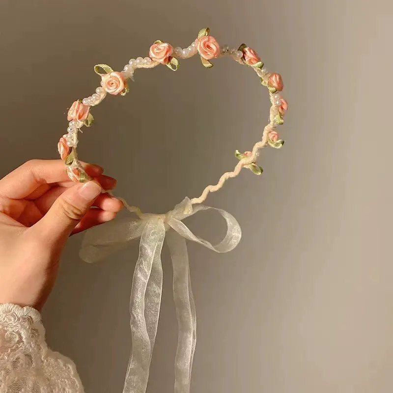 Easter Solid Rosette Hairband - Pink Rose Pearl Headband - image 7