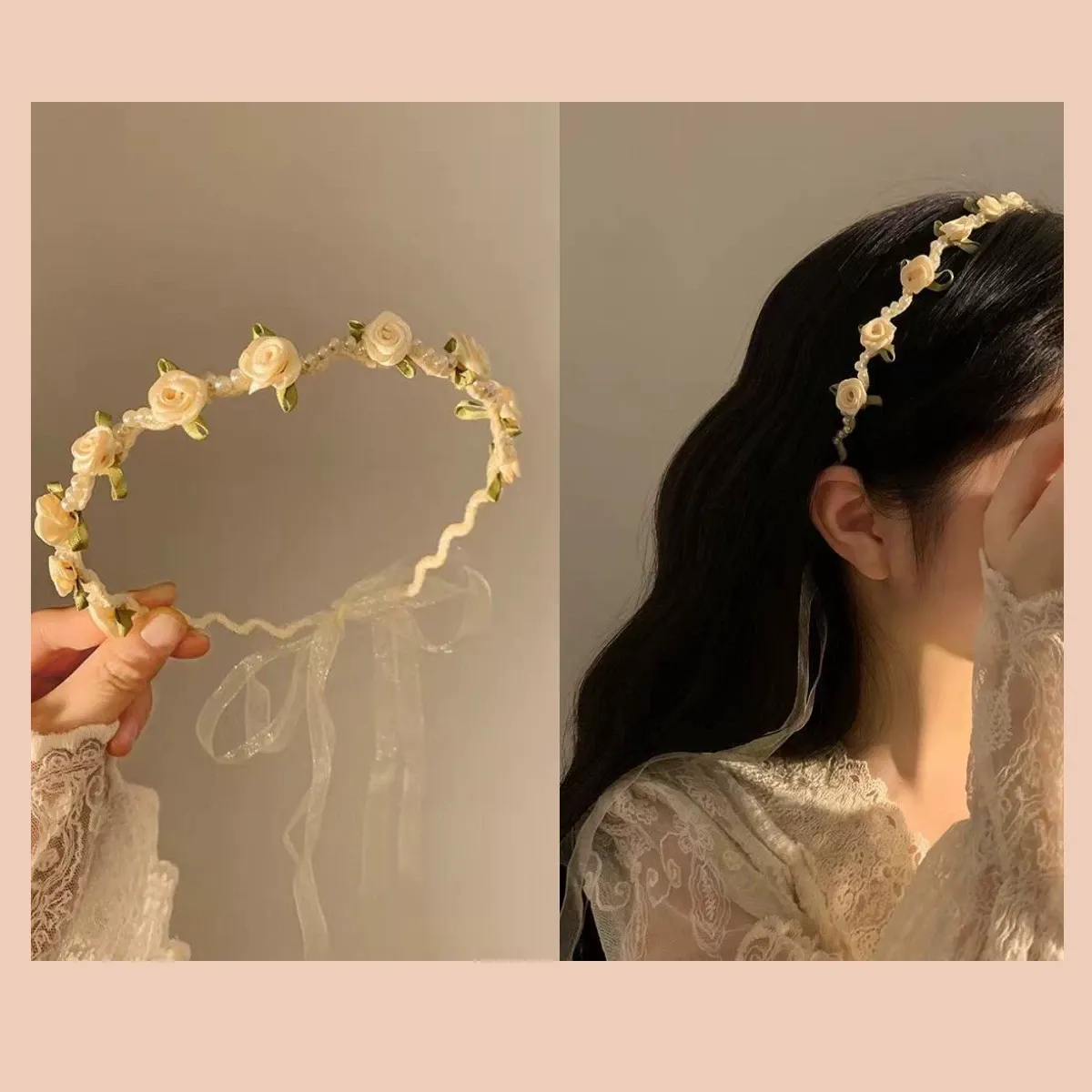 Easter Solid Rosette Hairband - White Rose Pearl Headband - image 8