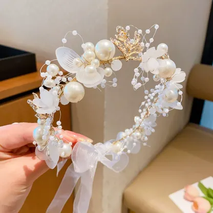 Easter Solid Rosette Hairband - White Butterfly Pearl Garland - image 1