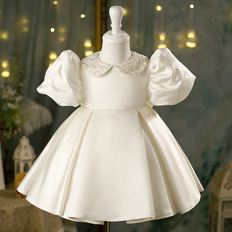 Satin Bow Embroidery Short Sleeve Midi Dresses - Beige - 13-14Y - image 1