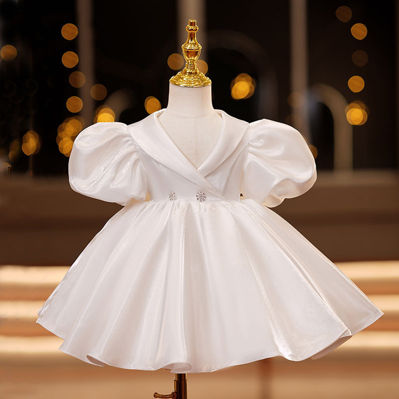 Satin Bow Short Sleeve Midi Dresses - White - 9-11Y - image 1