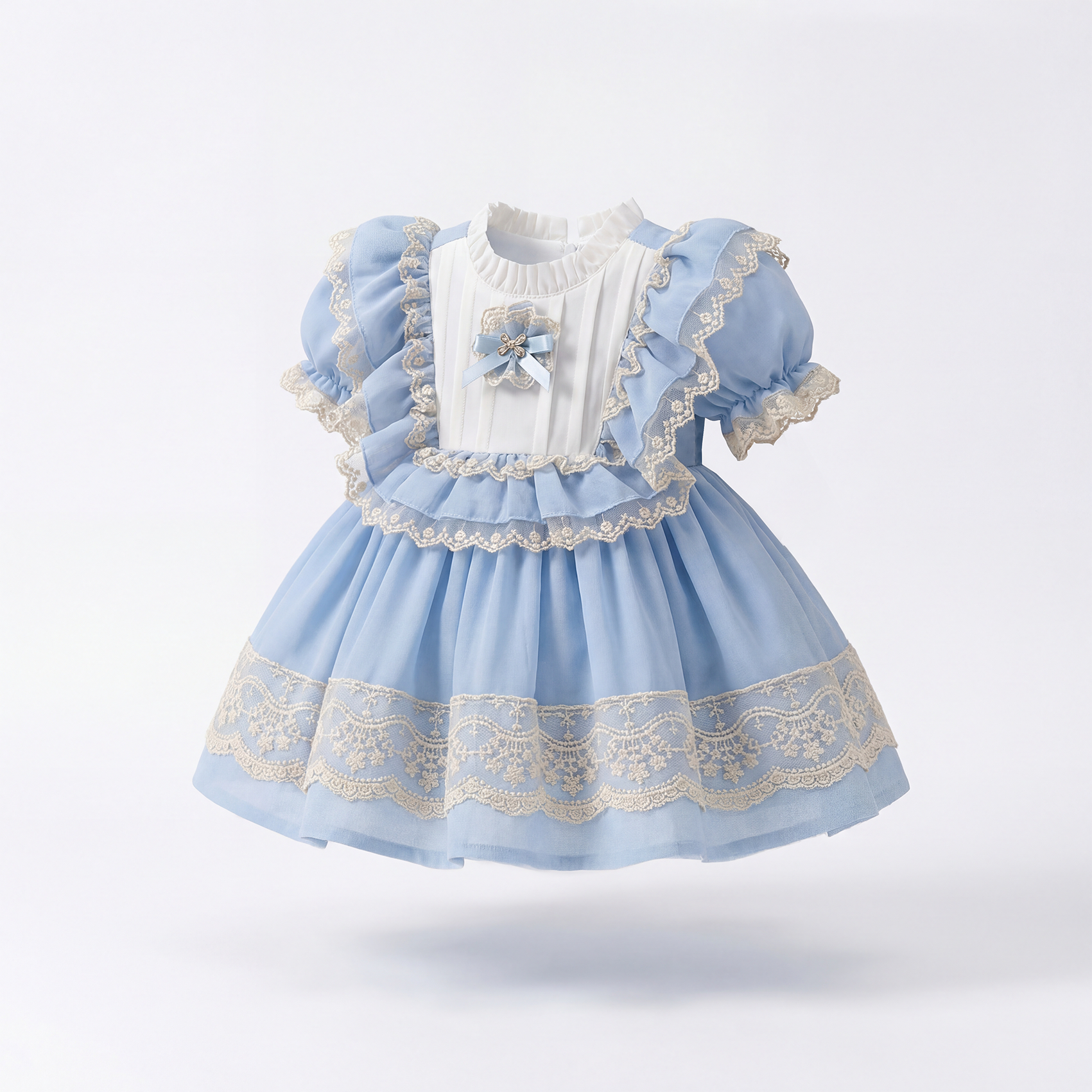 100% Cotton Lace Edge Folds Short Sleeve Midi Dresses - Blue - 4Y - image 1