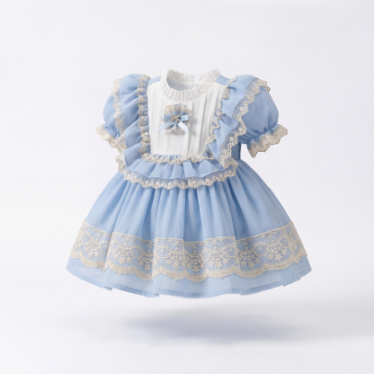 100% Cotton Lace Edge Folds Short Sleeve Midi Dresses - Blue - 4Y - image 1