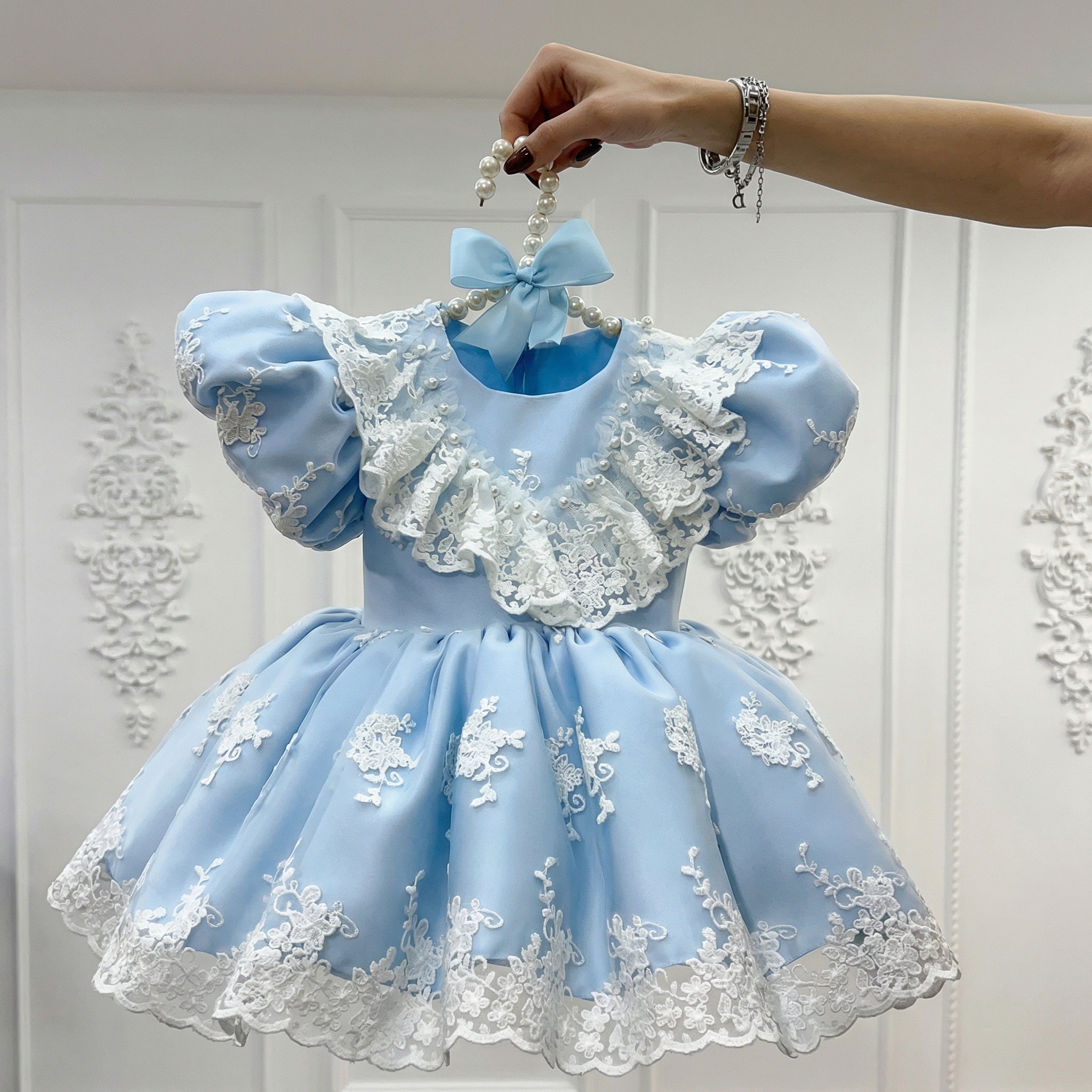 Satin & Mesh Pearl Lace Edge Short Sleeve Midi Dresses - Blue - 4Y - image 1