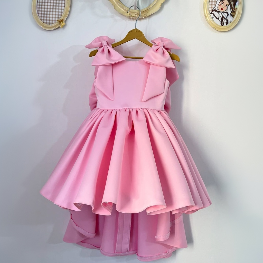 Satin Bow Sleeveless Midi Dresses - Pink - 11-13Y - image 1